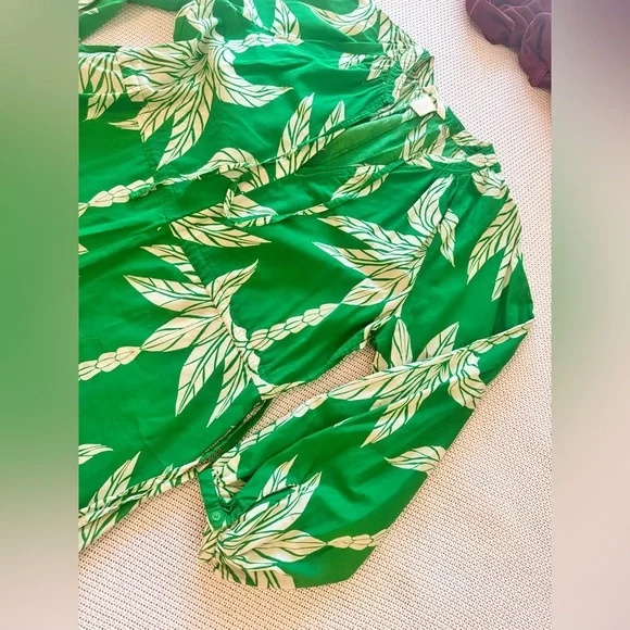 H&M Cotton Green & White Palm Leaf Tie Midi Maxi Long Sleeve Dress - Picture 4 of 14